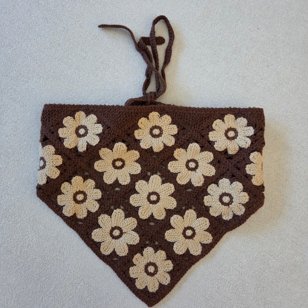 Brown Cream Crochet Floral Daisy Hair Bandana Triangle Tie Kerchief Boho Retro
